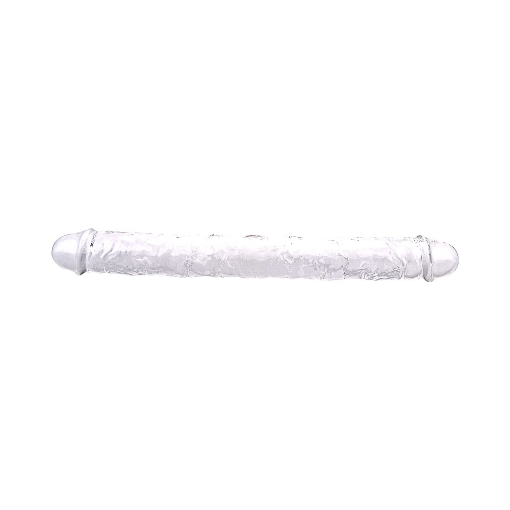 Loving Joy – dubbeländad dildo, 15 tum, transparent
